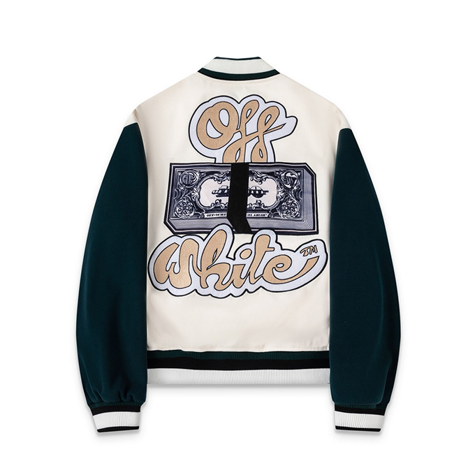 off white heavy embroidery color block varsity jacket